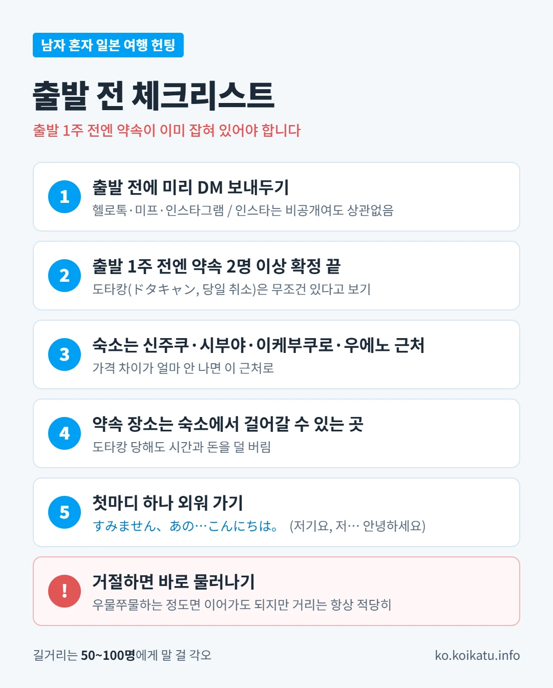 남자 혼자 일본 여행 헌팅 출발 전 체크리스트: 미리 DM 보내기, 출발 1주 전엔 약속 2명 이상 확정, 숙소 위치, 약속 장소, 첫마디, 거절하면 물러나기